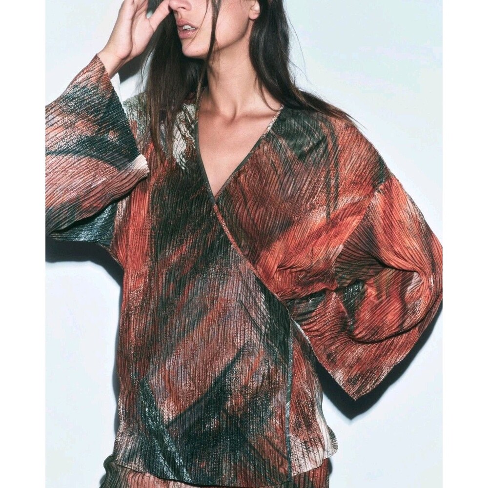 Zara Top Women's Size M Wrap Blouse Pleated Kimono Long Sleeve Slinky Boho